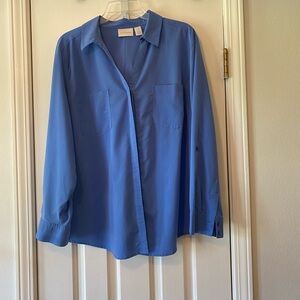 Chico’s Size 3 Blue Long Sleeve Soft Buttoned Shirt with two chest pockets.